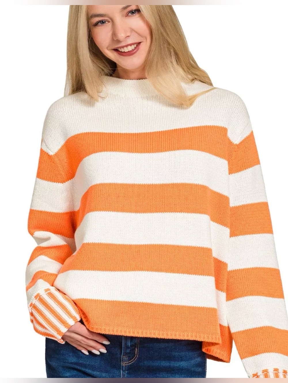 Zenana Orange & White Striped Mock Neck Oversized Sweater